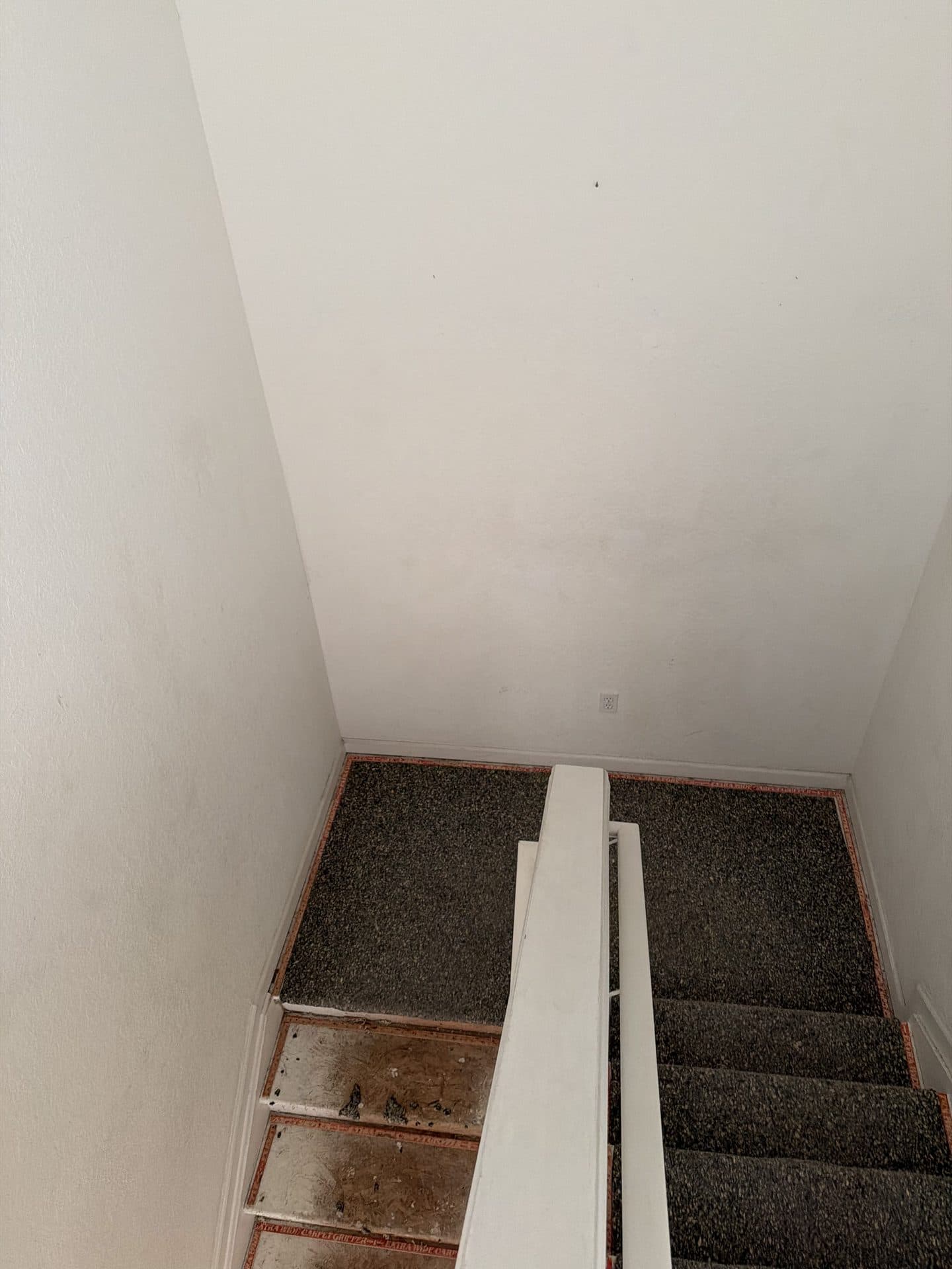 Switchback staircase mid-demolition, gray carpet pulled off the lower steps to expose bare plywood treads and tack strips — Karhan Construction, Orlando
