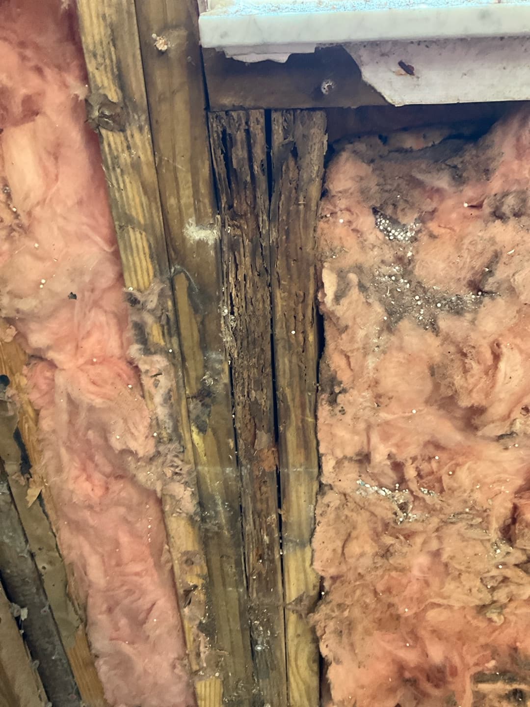 Open wall cavity exposing a rotted, split wood stud between pink fiberglass insulation below a marble sill — Karhan Construction, Orlando