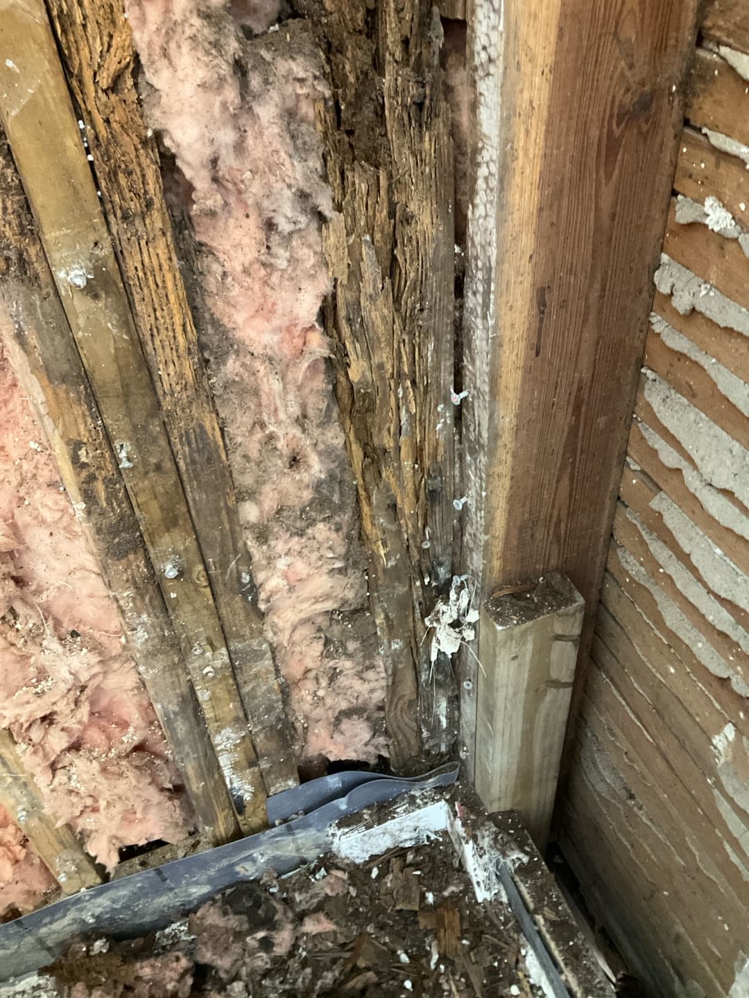 Rotted, splintered ceiling joists and old plaster lath above pink insulation during bathroom demolition — Karhan Construction, Orlando